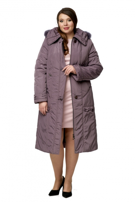 Женское пальто из текстиля с капюшоном, отделка песец 8010529