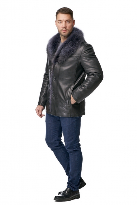 Мужская кожаная куртка из натуральной кожи на меху с воротником, отделка енот 8010802