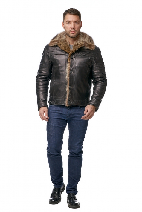 Мужская кожаная куртка из натуральной кожи на меху с воротником, отделка енот 8010804