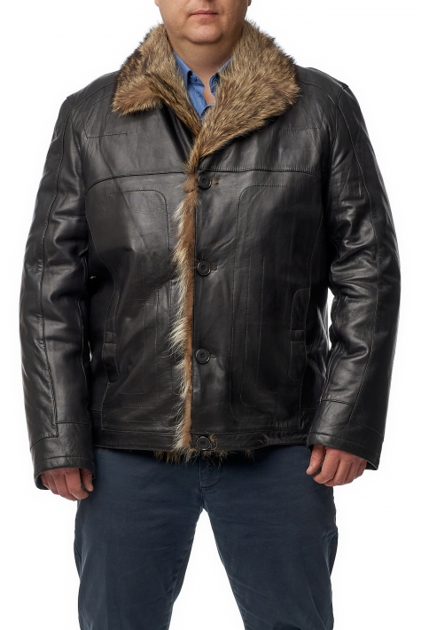 Мужская кожаная куртка из натуральной кожи на меху с воротником, отделка енот 8014586