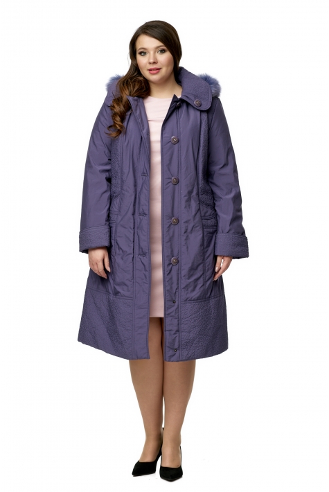 Женское пальто из текстиля с капюшоном, отделка песец 8015932